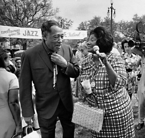 Duke Ellington and Mahalia Jackson at Louis Armstrong Park According to the 1970 New Orleans Jazz & Heritage Festival program, Mahalia Jackson performed on Friday, April 24 at 8 p.m. at the Municipal Auditorium. Duke Ellington performed on Saturday, April 25 at 8 p.m. and Sunday, April 26 at 2:30 p.m. at the Municipal Auditorium.