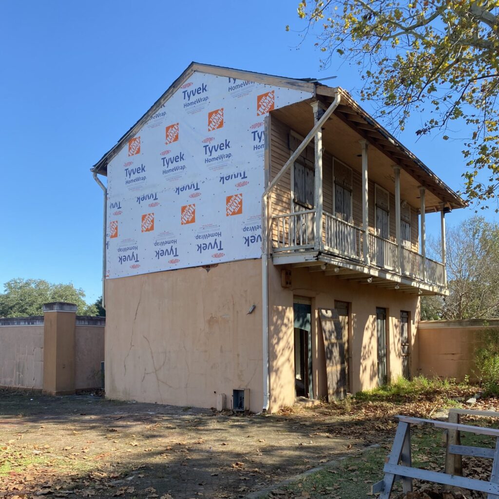 In 2022, the Preservation Resource Center stabilizes historic Armstrong Park buildings, including "the Kitchen Building". Photo by Preservation Resource Center.